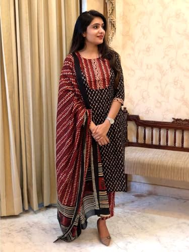 Image of Pinkmint Printed Round Neck Kurta & Pant with Dupatta Set ll Traditional Kurta Set