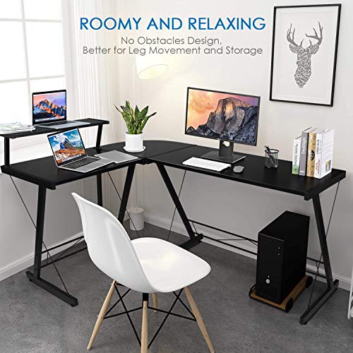 SIMBR L-Shaped Desk 58.4” Computer Desk, Corner Gaming Desk with Shelf, Home Office Desk Space-Saving Study Table Writing Workstation, Easy to Assemble, Black