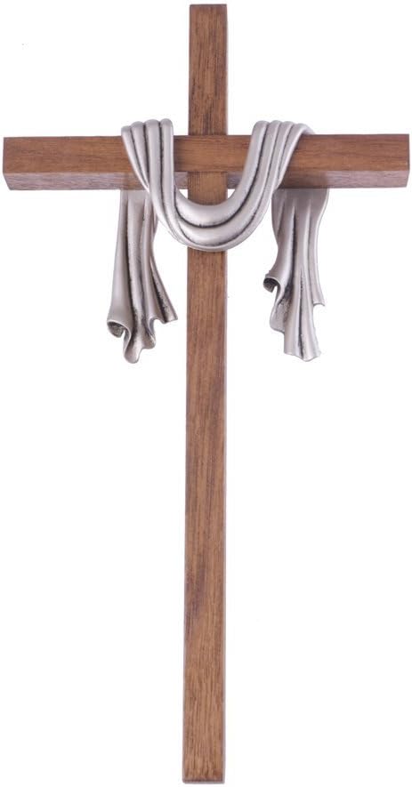 Walnut Wood Cross Adorned with Pewter Finish Holy Shroud Robe, 10 Inch