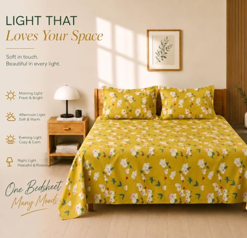 Image of BSB HOME 210 TC Cotton Feel Double Bedsheet with 2 Pillow Covers, Soft & Breathable Floral Printed Bed Sheet, Easy Care Bedding for Bedroom - 86 x 88 Inches (218 x 224 cm) (Mustard Yellow)