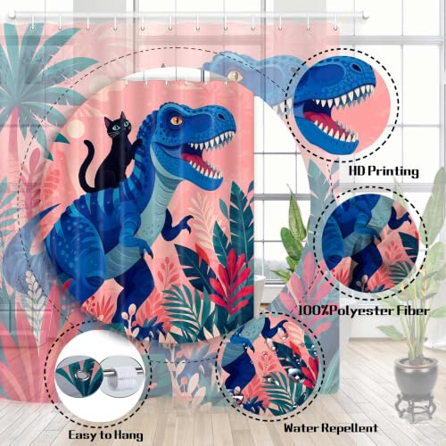 Image of Boziqr Funny Cat Riding Dinosaur Shower Curtain, Boys Kids Bathroom Decor | Tropical Pink Botanical Bath Curtain Set, Waterproof Polyester with 12PCS Hooks for Kids Teens Adults, 70 x 78 Inch
