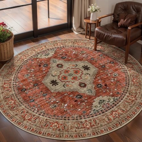 Image of Tangsoo Boho Round Rug 4ft, Washable Non Slip Small Circle Rug Terracotta