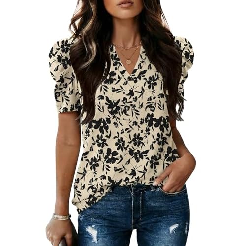 LOMON Spring Summer Tops for Women 2026 V Neck Puff Short Sleeve Tops Fashion Trendy Work Blouses Dressy Casual S-XXL Apricot Black Floral Medium