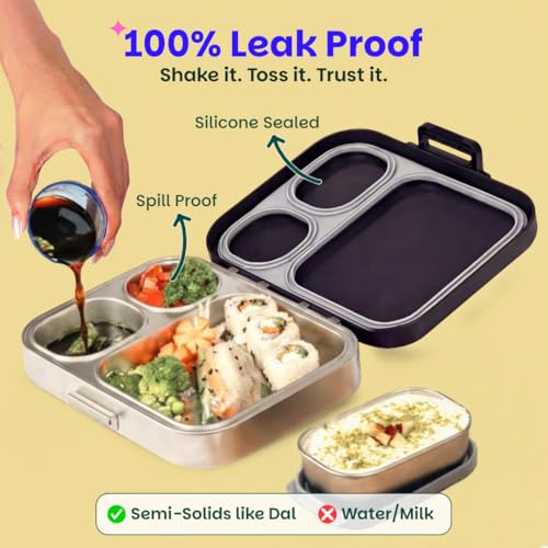 Image of Basil Bento Box Quad Plus -3+1 Compartment Stainless Steel Lunch Box (1020ml) with BPA Free Lid | Leak Proof Tiffin for Kids & Adults | Premium Lunch Box for School, Office & Picnic - Classic Black