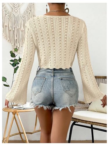 Image of Verdusa Women's Tie Front Crop Cardigan Bell Long Sleeve Scalloped Lightweight Knit Tops Summer Beach Cover Up