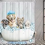 AMBZEK Funny Dog Shower Curtain 60Wx72H Inch Naked Dog Cute Animal in Bathtub Farmhouse Rustic Country Gray Wooden Plank Artwork Cloth Fabric Waterproof Polyester Bathroom Decor Set with 12 Pack Hooks