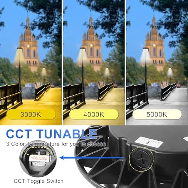 LED Post Top Light with Dusk to Dawn Photocell, 20W-30W-40W-60W Power Tunable, 3000K/4000K/5000K CCT Tunable, Outdoor Post Pole Lights for Garden Pathway Street Lighting, IP65 DLC ETL Listed