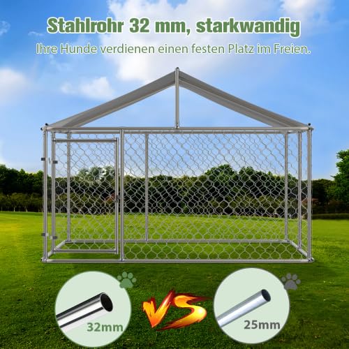 Hundezwinger Outdoor 230x230x117cm mit Dach, 32mm verstärkte verzinkte Stahlrohre, Sicherheitstür mit Schloss, wasserdichte UV-beständige PE-Plane – Freilaufgehege für Hunde, Kleintiere & Katzen