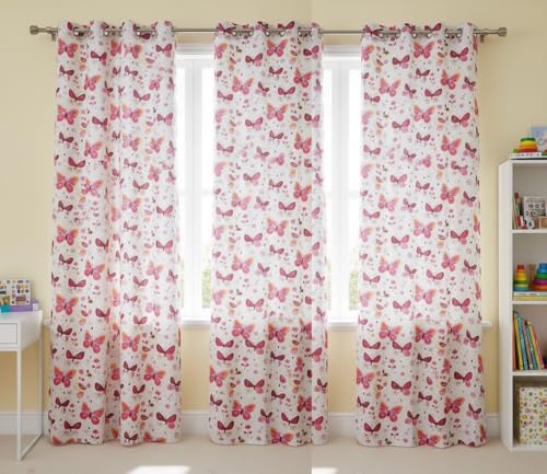 Image of 3D Butterfly Pattern Curtain for Kids Room Curtain 7 feet Set 3 pcs Girls Room Curtain Panel for Play School, Playway Light Filtering Window Panel, 4x7 ft Door Curtain, Pink