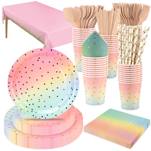 201 Pièces Service De Table Rose, Ceiliwen Service De Table Jetable Comprenant Nappe, Assiettes En Papier 9'' & 7'', Gobelet, Serviette, Paille, Couverts En...