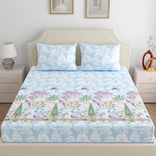 Image of Home Ecstasy 100% Cotton Double Bedsheet with 2 Pillow Covers - (Size 87 x 94 inches, 140 TC, Colour - Light Blue)