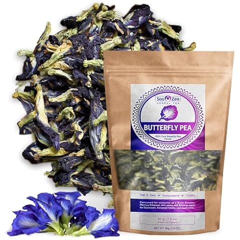 Sou Zen Butterfly Pea Flowers (80 g) Dried Tea Leaves | Natural, Raw Drink Mix w/Antioxidants, Organic Nootropics | Promotes Relaxing Calm, Stress Relief | Thai Herbal Cover