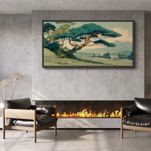 Image of MUDECOR Extra Large Framed Canvas Print Wall Art Vintage Japanese Pine Tree Landscape Oriental Antique Retro Ready to Hang Painting for Living Room Bedroom Multi-Sizes - 60 inchx30 inch