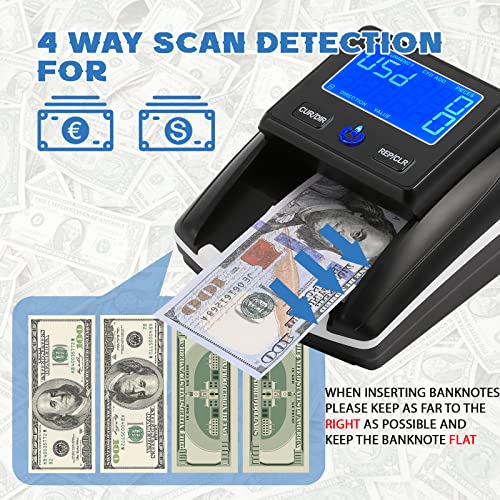 Portable Counterfeit Bill Detector, Rechargeable 4 Way Direction Usd & Eur Bill Checker Machine With Visual & Audible Reminding, 1S Accurate Money Detector For Car/Office/Home With Total Value Display #TOP2