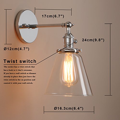 Image of PERMO Industrial Wall Sconce Lighting with On /Off Switch Funnel Flared Clear Glass Hand Blown Shade (Chrome)