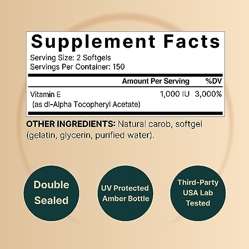 NatureBell Vitamin E Oil Softgels, 1,000 IU Per Serving, 300 Pills | Essential Antioxidant Supplements, Easily Absorbed Form – Supports Skin, Heart, & Immune Health – Non-GMO - Image 3