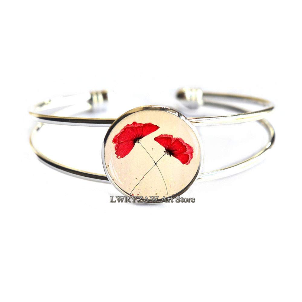 Red Poppies Bangle,Poppies Bracelet,Poppies Charm Jewelry,Flower Jewelry, Poppy Flower Bangle,M113