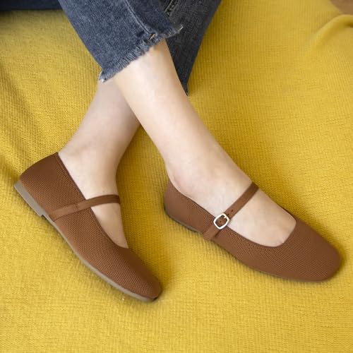 Image of Soesyi Knit Flats for Women Square Toe Flats Casual Ballet Flats with Ankle Strap,Mary Jane Shoes Women Comfortable for Dressy Office