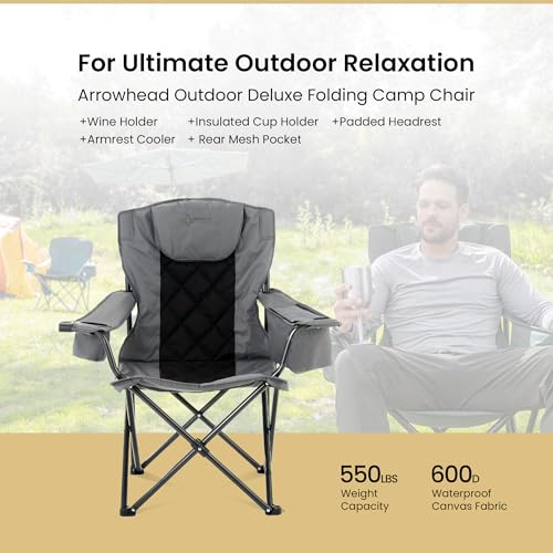 ARROWHEAD OUTDOOR Portable Deluxe Folding Camp Quad Chair w/Headrest, Glass & Cup Holders, Armest 6-can Cooler, Heavy Duty Carry Bag, 550 lbs Weight Capacity の商品画像 3