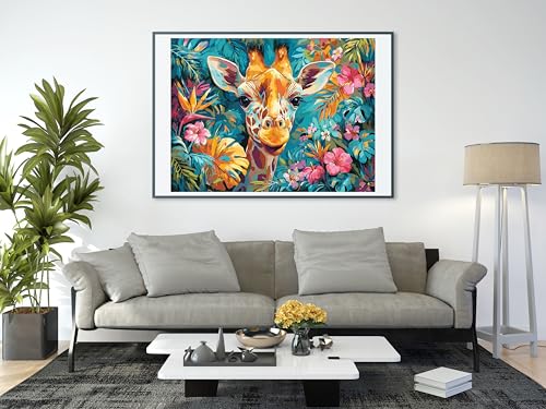 Image of Moohue DIY Counted Stamped Cross Stitch Kits for Adults Giraffe Animal Surrounded by Leaves and Flowers 14 Count Cross Stitch Patterns Printed (Animal Giraffe)