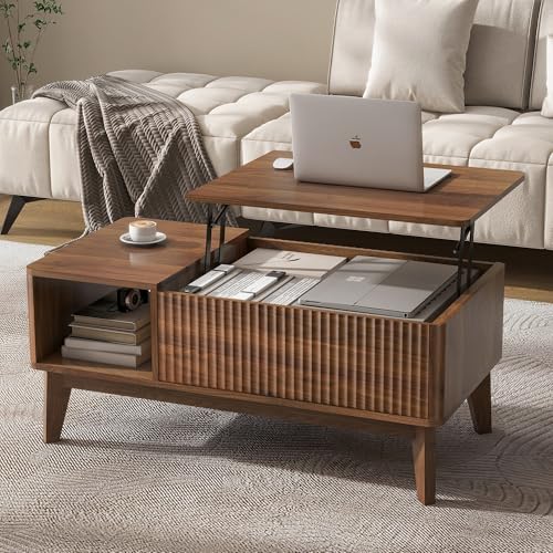 LYNCOHOME Fluted Lift Top Coffee Table with Storage, Modern Coffe...