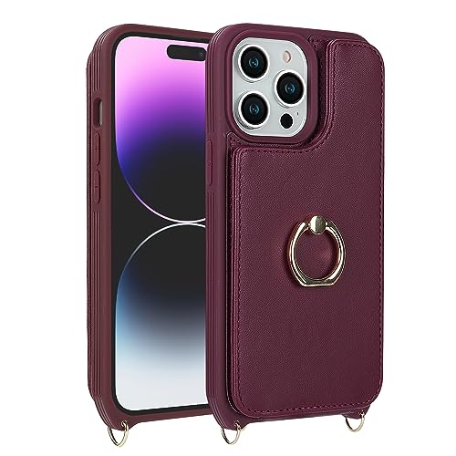 Image of for iPhone 14 Pro Max Case with Card Holder for Women,Phone Case with Strap,Crossbody Lanyard,Ring Stand,Snap Clasp,Cute Wallet Cases 6.7 inch (Wine Red)