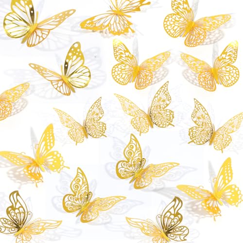 Rindion 84PCS 3D Butterfly Decorations, 3 Sizes 7 Styles Butterfly Wall Decor Gold Butterflies Decorations for Cake, Butterflies Party, Birthday, Wall