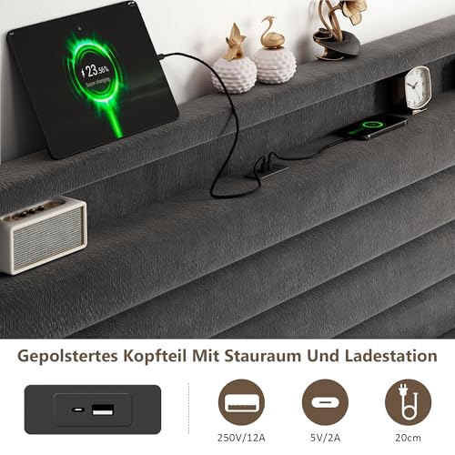 Feonase Bett 160x200 mit Stauraum Kopfteil & Hydraulischem Stauraum, Polsterbett 160x200cm Doppelbett mit Velous Kopfteil, Bettgestell mit Lattenrost, Ohne Matratze, Dunkelgrau