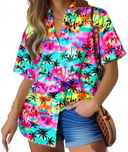Hawaiian Shirts for Women Plus Size: Cool Summer Luau Shirt Hawaii Tropical V Neck Button up Tops