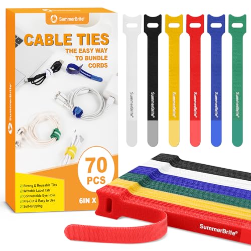 Summerbrite 70PCS Reusable Cable Ties Muliticolor Cable Straps Adjustable Hook and Loop Releasable Cable Tidy Ties Fastening Straps for Home & Office Desk PC Cable Management(12mm x 15cm)