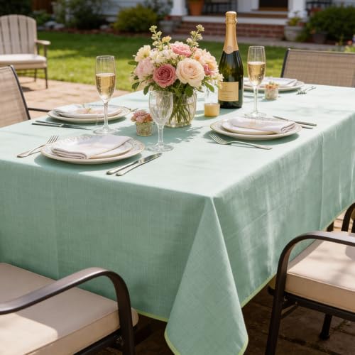 Image of Softalker Spring Vinyl Tablecloth Rectangle, Outdoor 100% Waterproof Oil Proof Plastic Edge Binding Table Cloth, Heavy Duty Wipeable PVC Table Covers for Picnic Dining Party - 54 x 78 Inch, Sage