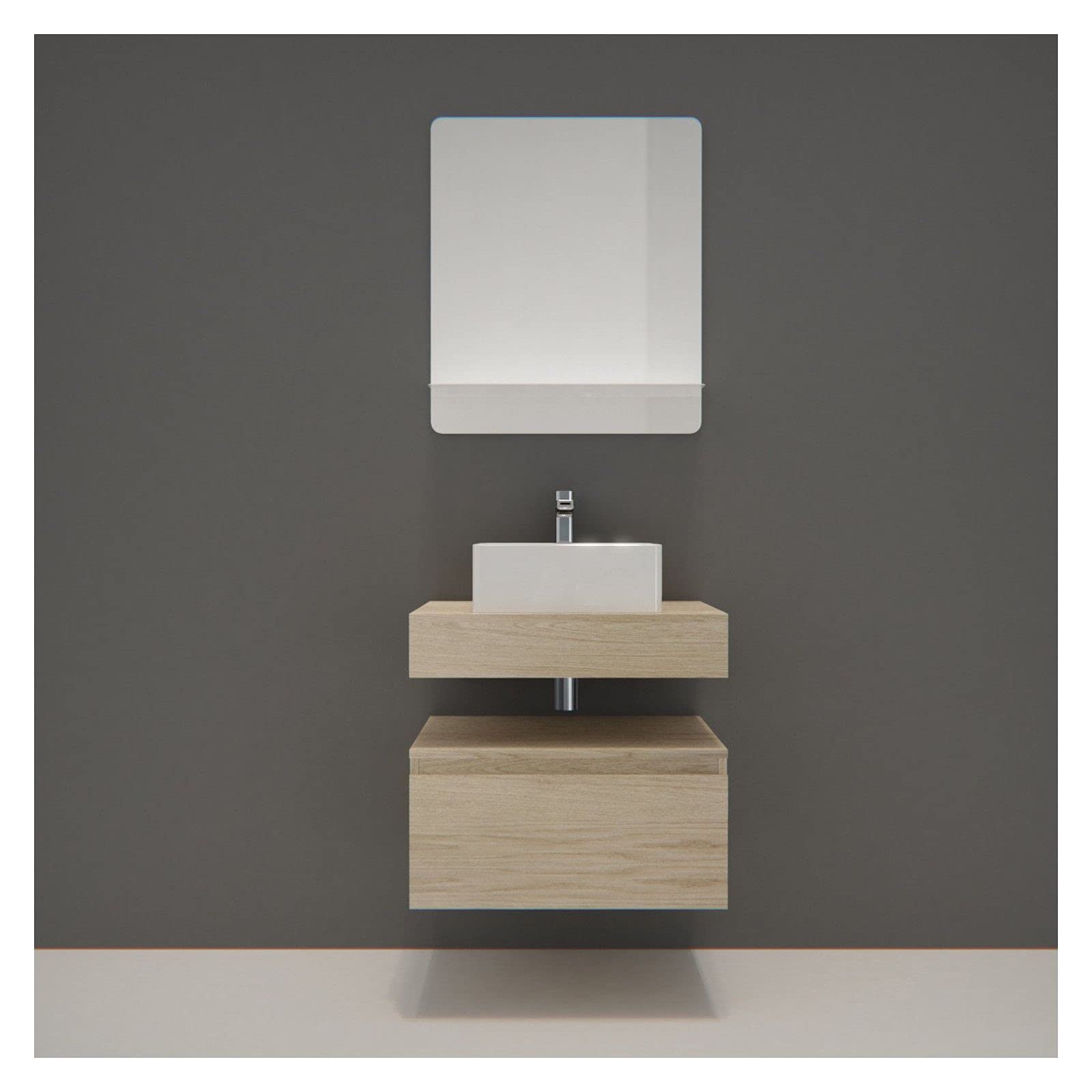 Mueble de baño Will – encimera colgante de 60 cm + lavabo + espejo + mueble cajón + escuadras