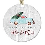 Newlywed Christmas Ornament First Christmas Mr & Mrs Bridal Shower Wedding Gift Idea Rustic Holiday Tree Ceramic Country Farmhouse Keepsake 3" Flat Circle Porcelain with Red Ribbon & Free Box -  Digibuddha