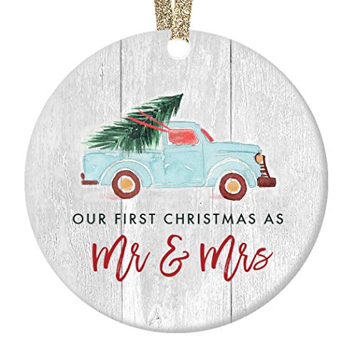 Newlywed Christmas Ornament First Christmas Mr & Mrs Bridal Shower Wedding Gift Idea Rustic Holiday Tree Ceramic Country Farmhouse Keepsake 3" Flat Circle Porcelain with Red Ribbon & Free Box -  Digibuddha