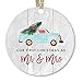 Newlywed Christmas Ornament 2018, First Christmas as Mr & Mrs, Wedding Gift Idea, Blue Pickup Truck Christmas Tree Ceramic Rustic Farmhouse Keepsake 3" Flat Circle Porcelain with Red Ribbon & Free Box