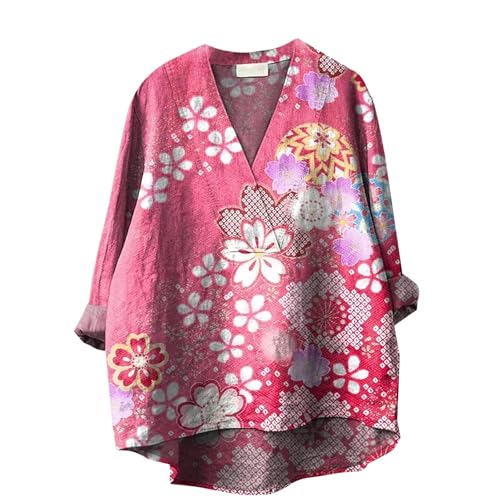 Genérico Camisas 𝐁lancas Mujer Manga Larga Cuello 𝐏ico Camisa Informal de algodón y Lino con Cuello en V para Mujer, Estampado geométrico Tradicional japonés Camisa Vaquera Mujer (Pink, XL)