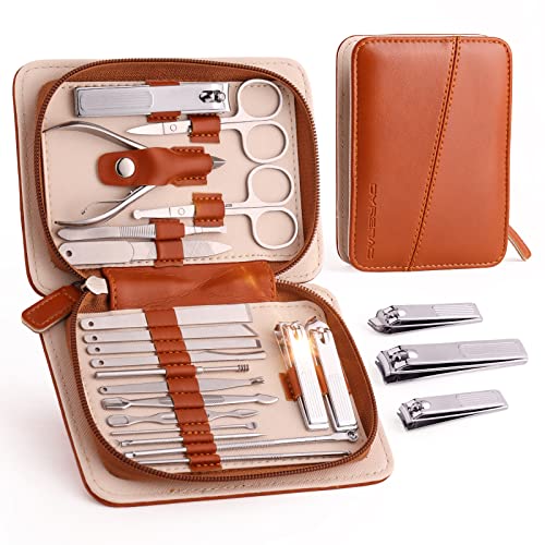 Manicure Set, Nail Clippers Pedicure Kit, Professional Stainless Steel Hand or Foot Nail Care Tools Set, Portable Grooming Kits with Travel Case-Brown