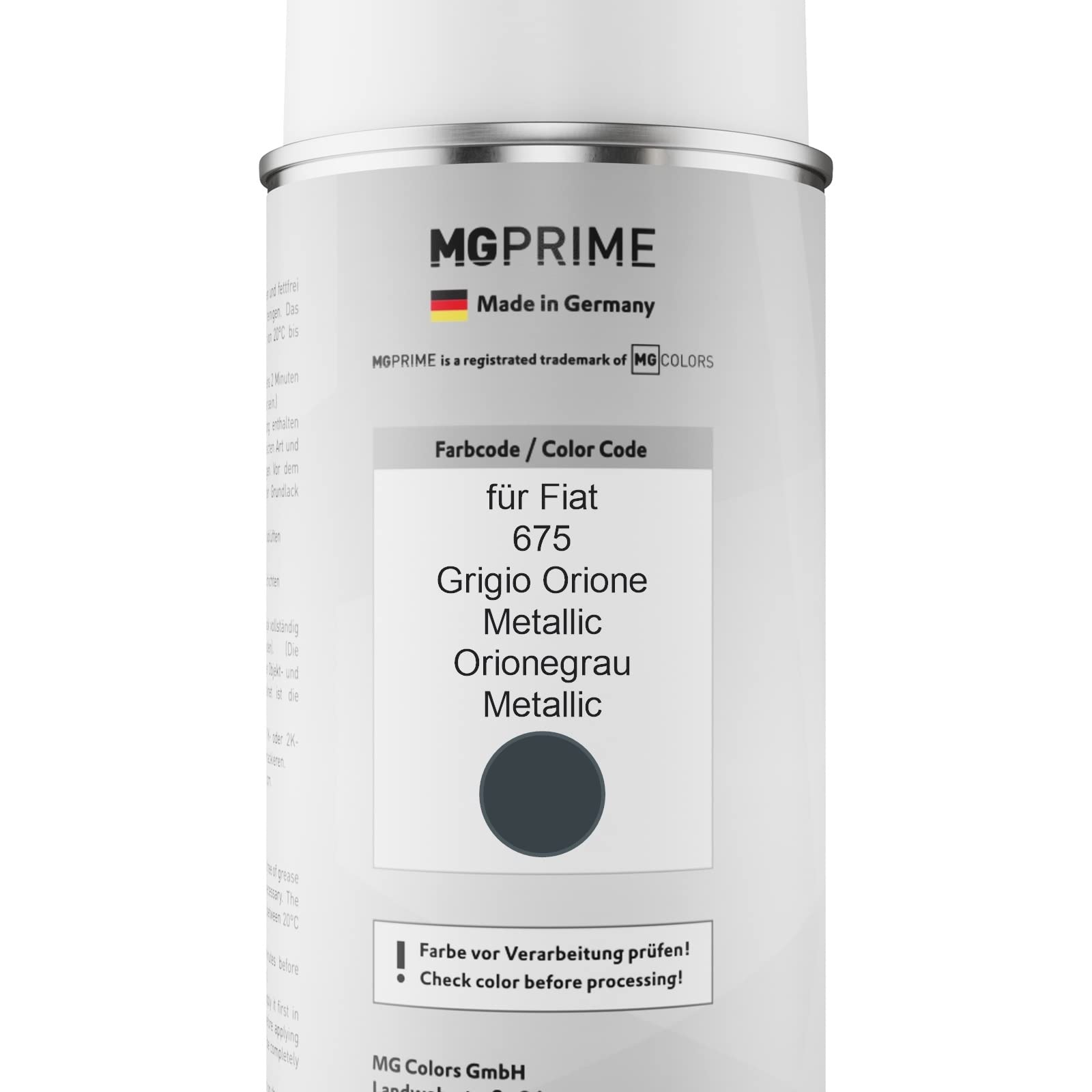 MG PRIME Vernice per auto Spray per Fiat 675 Grigio Orione Metallic +1K | Orionegrau Metallic, Kit vernice di base + trasparente, bombolette spray 400ml