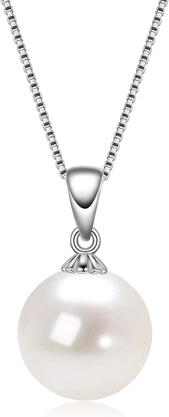 DENGGUANG Simple Pearl Necklace for Women, 925 Sterling Silver Freshwater Cultured Single Pearl Pendant Necklaces, Anniversary Birthday Wedding Jewelry Gifts for Mom Wife Daughter