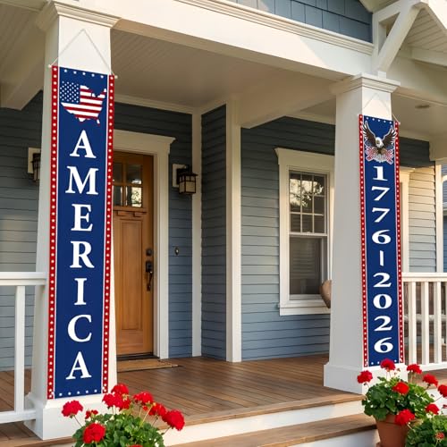 ZPHTWO 4th of July Patriotic Porch Banner Set 2 Pack America 1776-2026 Eagle Hanging Flags for 250th Anniversary Independence Day Outdoor Indoor Home Decor (1776-2026)