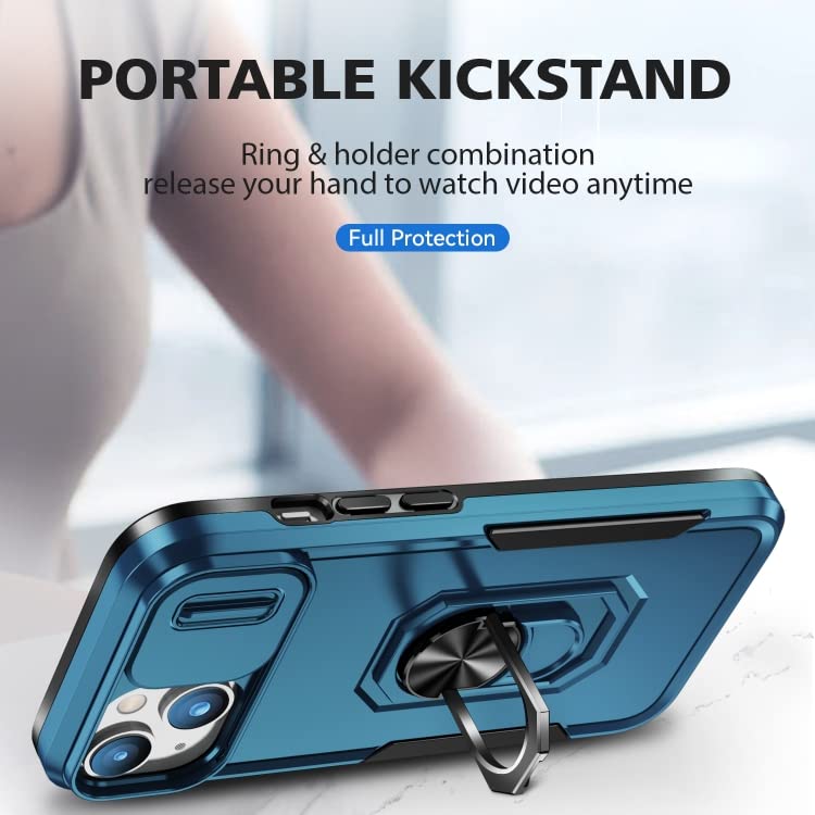 Image of Polycarbonate Back Cover Case Compatible for Apple iPhone 15 Plus with Slide Camera Cover & Rotated Ring Stand | Military Grade Mobile Phone Cover Case for Apple iPhone 15 Plus (Blue)