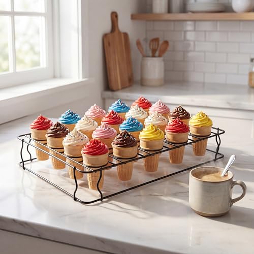 Image of Hiceeden 20 Holes Ice Cream Cone Stand, Non-Stick Cupcake Cone Baking Rack, Metal Ice Cream Holder Cupcakes Pastry Tray for Baking, Cooling, Displaying, Serving Treats