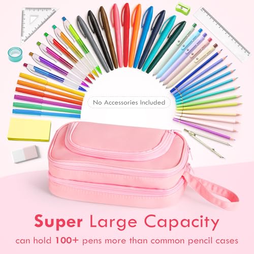 Image of Large Capacity Pencil Case with Pull-out Structure - Multifunctional Extra Big Pencil Pouch Pen bag, Portable Stationery Organizer with Zipper, College Office School Supplies for Girls, Pink