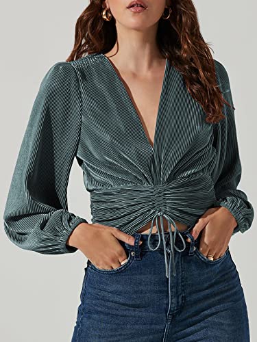 Zaful Women V Neck Satin Pleated Top Lantern Sleeve Drawstring Ruched Tunic Shirt Slim Crop Blouse Teal #TOP4