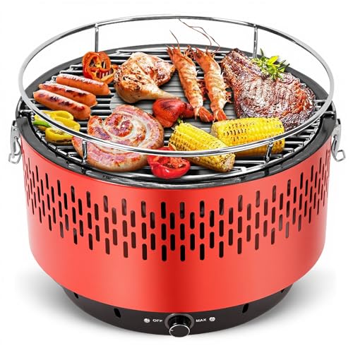 Portatil Churrasqueira Carvao, Table Grill, Adequado para Carvão sem Fumo, Braseiro Esmaltado, Churrasqueira de Mesa, Grelha Removível de 34,5 cm, Ajuste Preciso da Temperatura, Vermelho