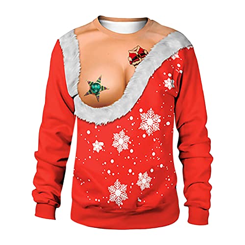 Mens Ugly Christmas Sweater Funny Christmas Ugly Sweater For Women 3D Digital Printed Xmas Sweatshirt Long Sleeve Round Neck Holiday Pullover(3-Red,X-Large) #TOP2
