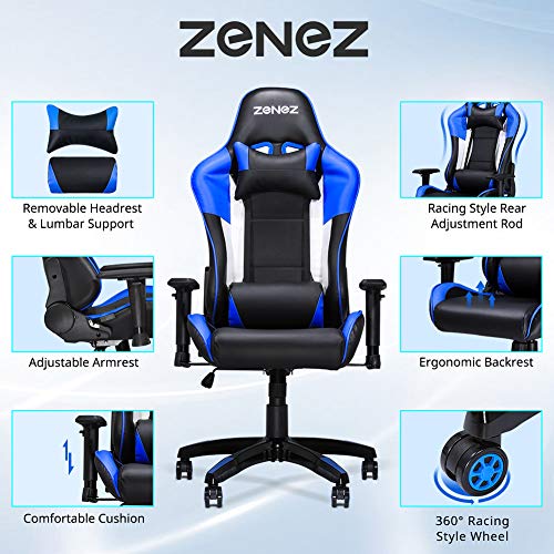 ZENEZ-Silla-Gaming-Silla-Gamer-Ergonomica-con-Soporte-de-Masaje-Lumbar-y-Cojin-para-el-Cuello-Silla-Escritorio-de-Cuero-PU-Ajustable-a-180para-Videojuegos-Azul