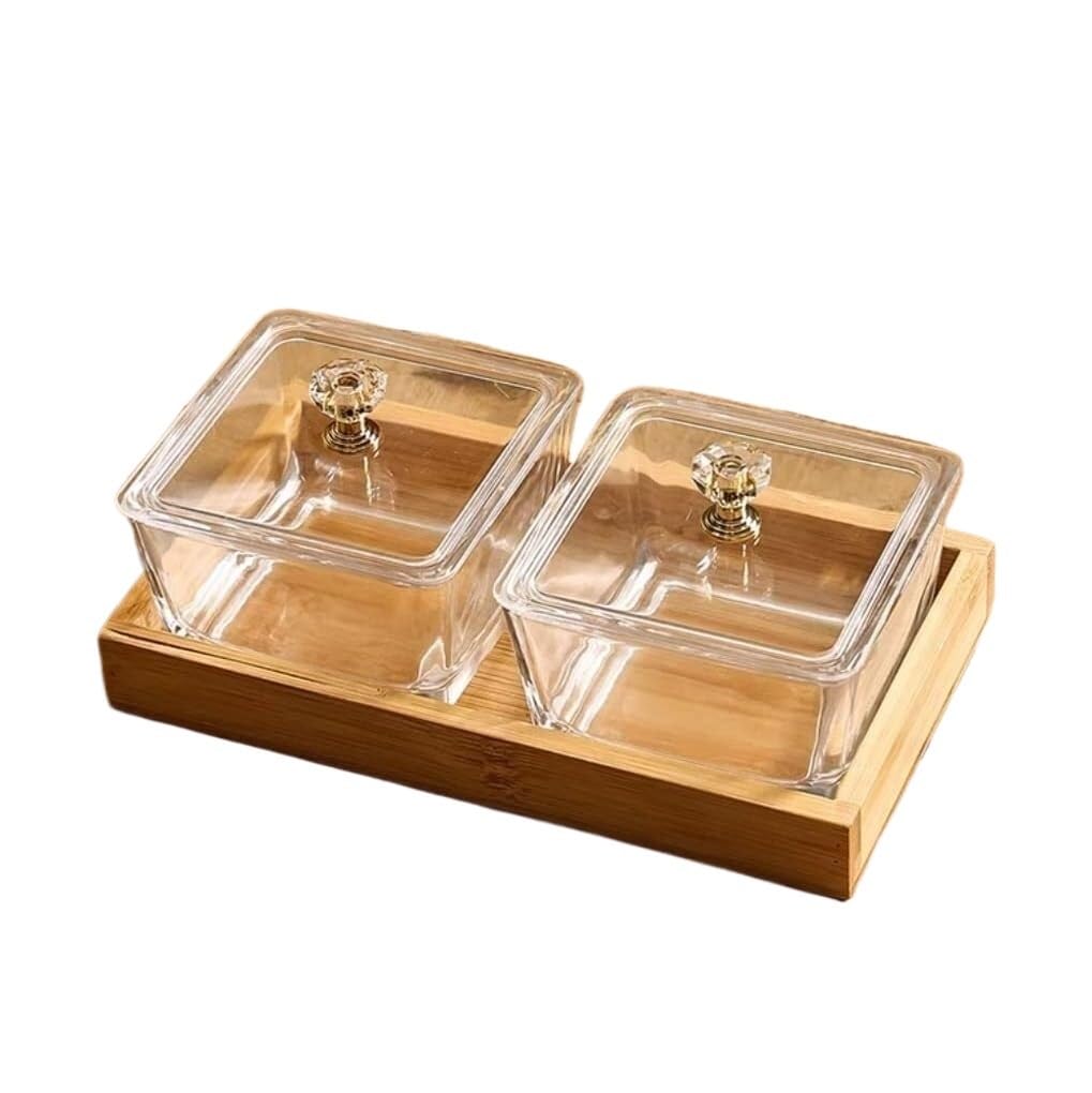Dipschüsseln, Snackschüsseln, Salatteller, Glas-Snackschüssel mit zwei Fächern und Chassis, quadratischer geteilter Obst-Snack-Essteller for Familienrestaurants
