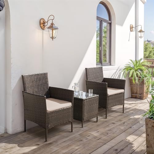 Flamaker Patio Furniture Set 3 Pieces All-Weather Rattan Outdoor Furniture Patio Chairs with Tempered Glass Table for Porch Bistro Balcony (Brown/Cream) - Image 6