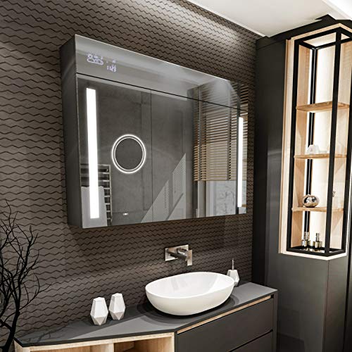 Spiegelschrank mit LED Beleuchtung anpassen (100 x 72 x 17 cm) | Badezimmerschrank, Badschrank A++ | Schalter, WETTERSTATION, Bluetooth